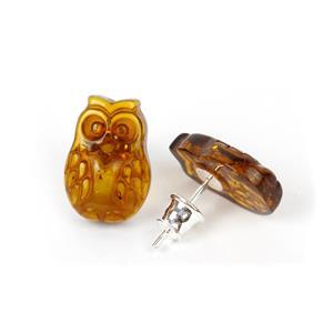 Baltic Cognac Amber Carved Owl .925 Sterling Silver Stud Earrings (1pair)
