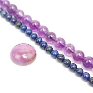 100/50cts Amethyst/Lapis Lazuli Plain Rounds Approx 6/4mm, 38cm Strand and 8cts Round Amethyst Cabochon Approx 14mm